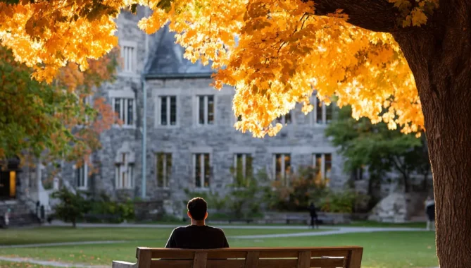Man sat on a bench at university with autumn leaves