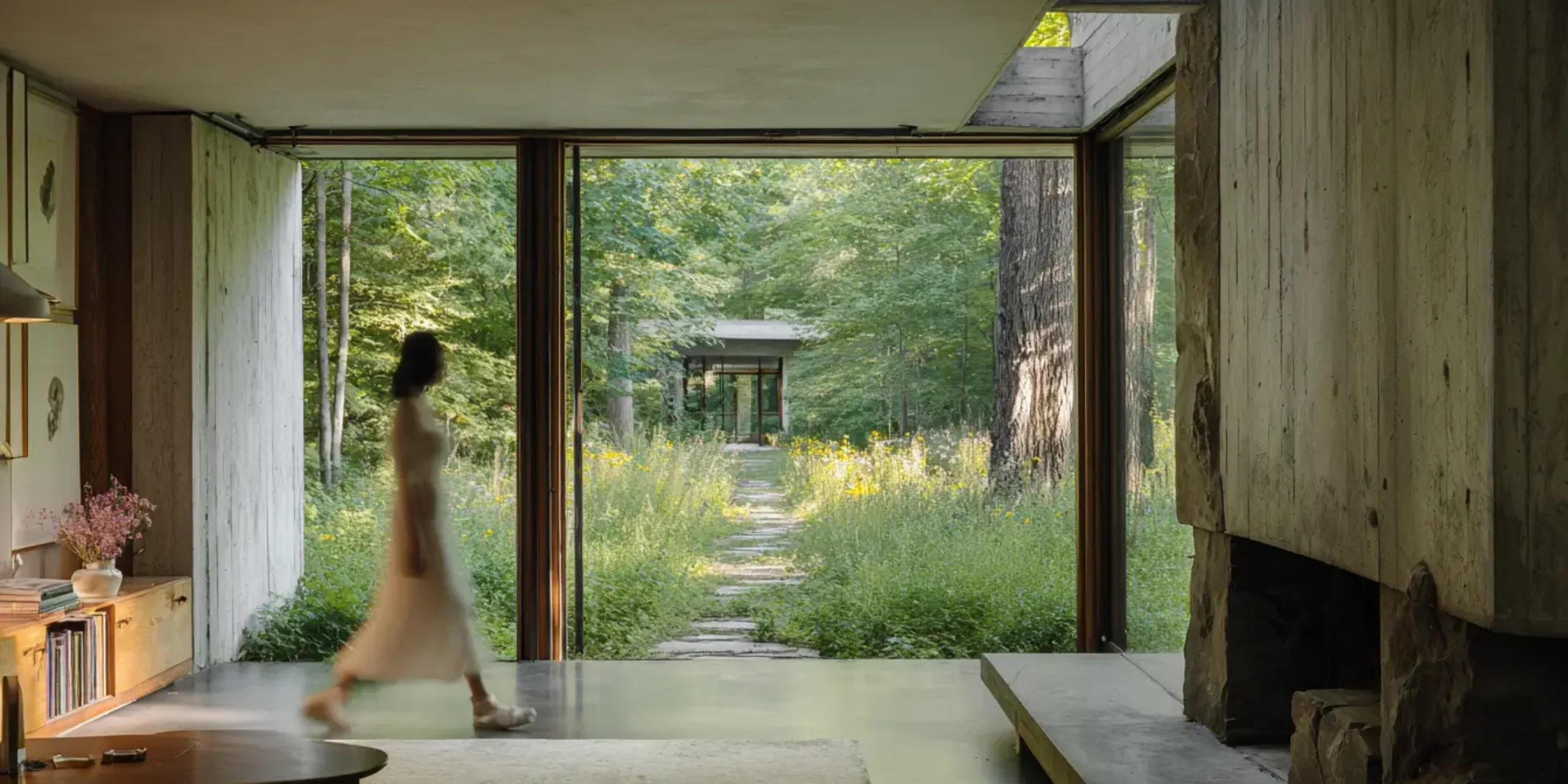 Modernist concrete living room with a green verdant garden in the background. A woman walks across, slightly blurry.