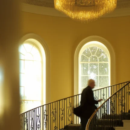 Man walking up a spiral staircase in a smart upmarket building