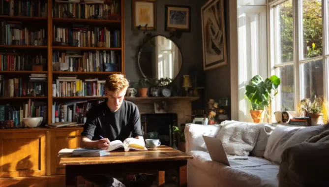 Young teenager sitting at desk reading a book in study