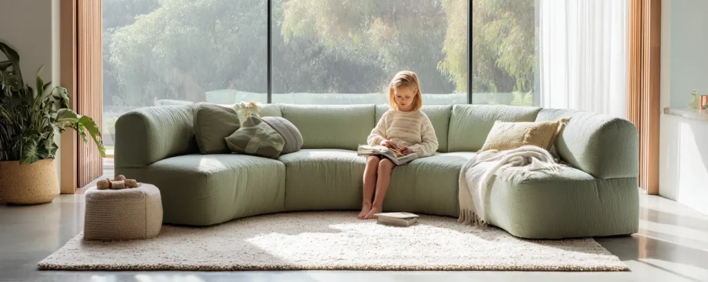 Young girl sitting on sofa at home reading