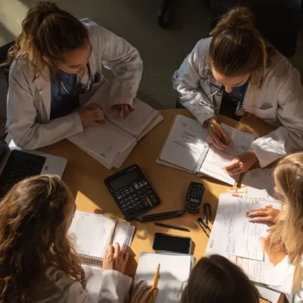 Group of female medical students gather around a table with their notes