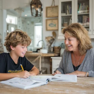 Middle aged tutor teaching primary age looking child at home