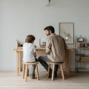 Tutor and student sitting at a light wooden desk