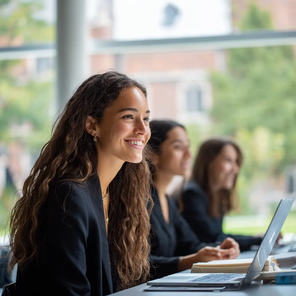Female graduate students smiling in class