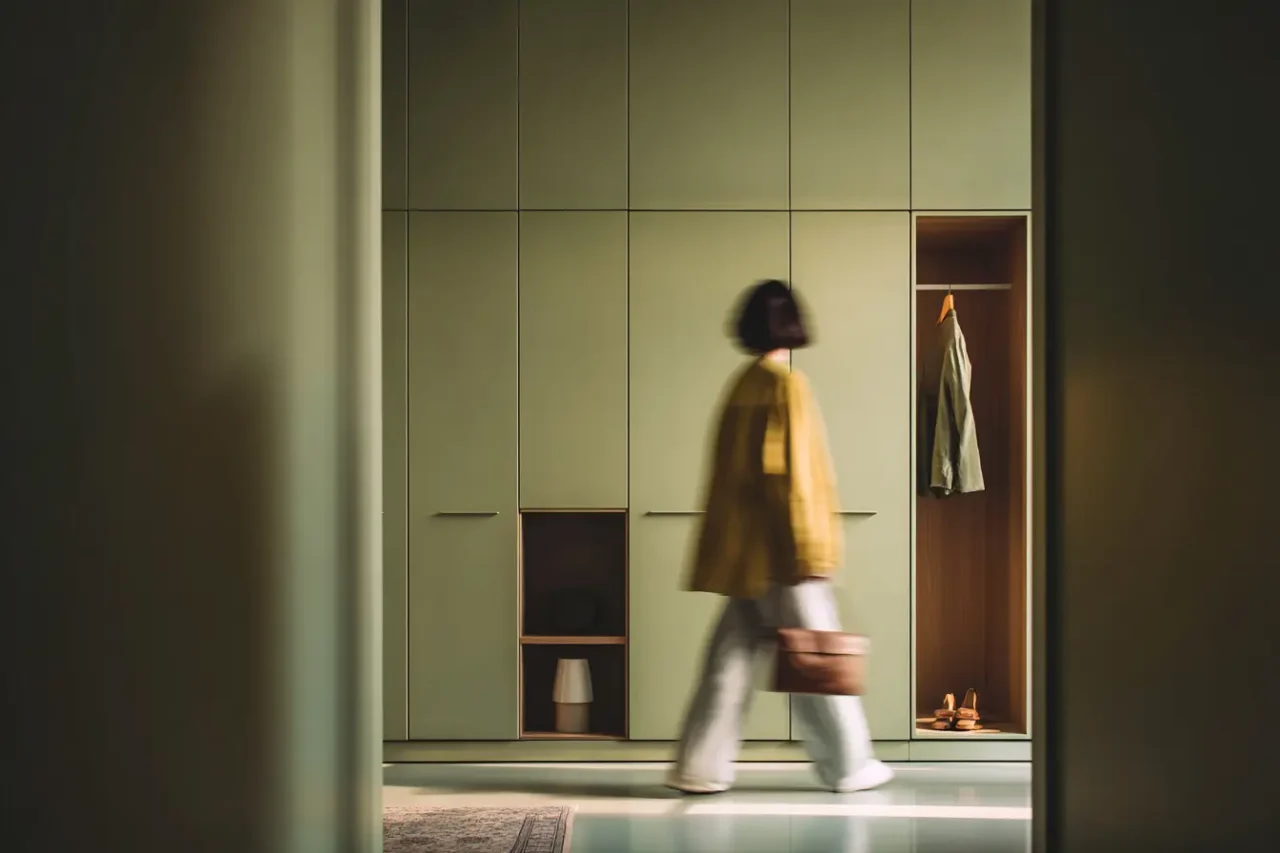 Woman walking in front of a olive green wardrobe