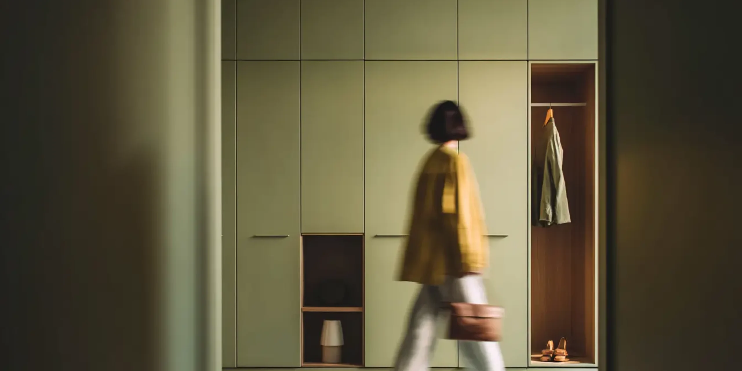 Woman walking in front of a olive green wardrobe
