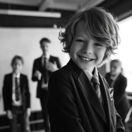 Black and white photographic style image of a 10 year old boy in school uniform