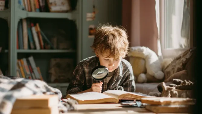Curious young child with a magnifying glass looks at a book in a cosy living room