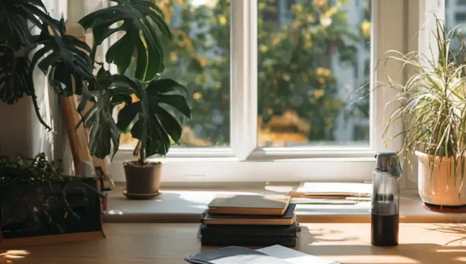 Desk setup with sunlight in a London townhouse