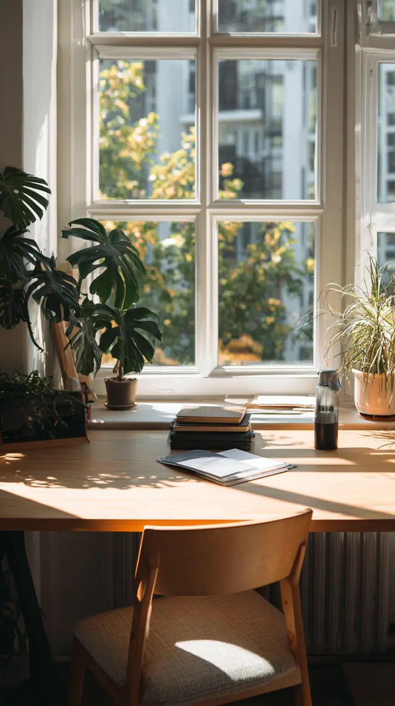 Desk setup with sunlight in a London townhouse