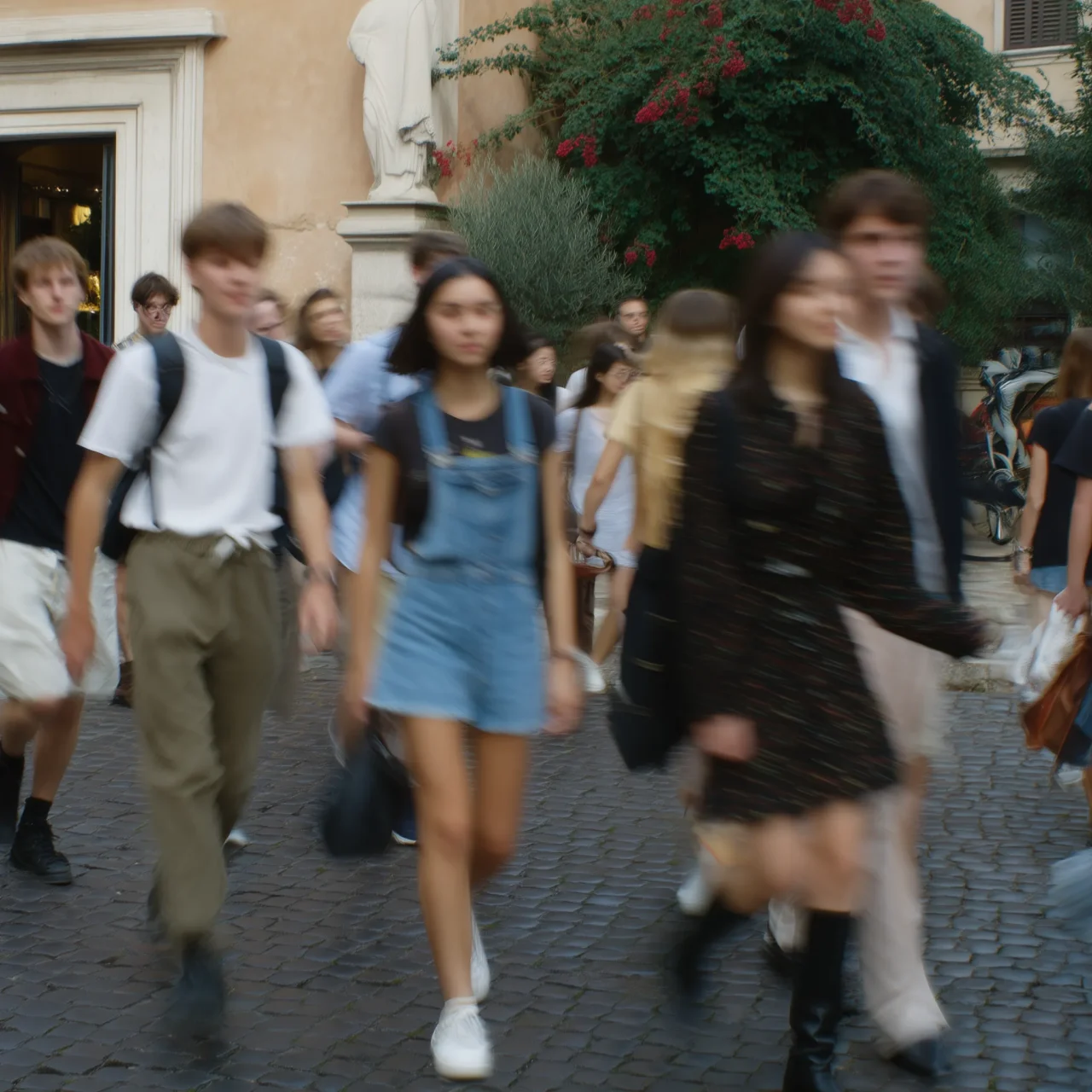 Dynamic shot of a candid group of teenagers walking through a street scene in Rome