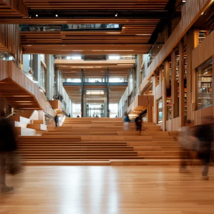 Beautiful interior of a university library with wood on floors and walls with layered steps