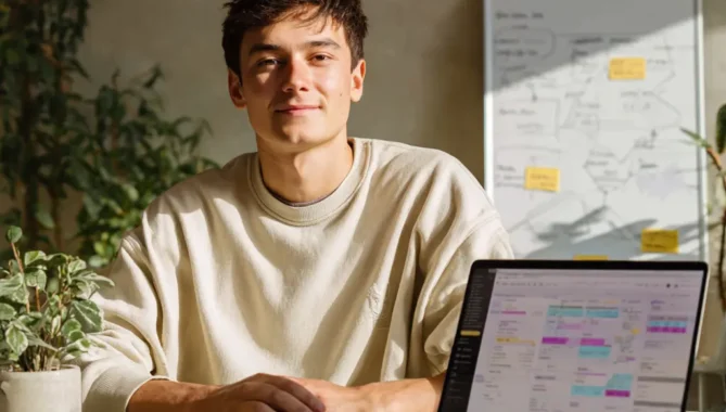 Spanish man with short hair sat at desk with laptop