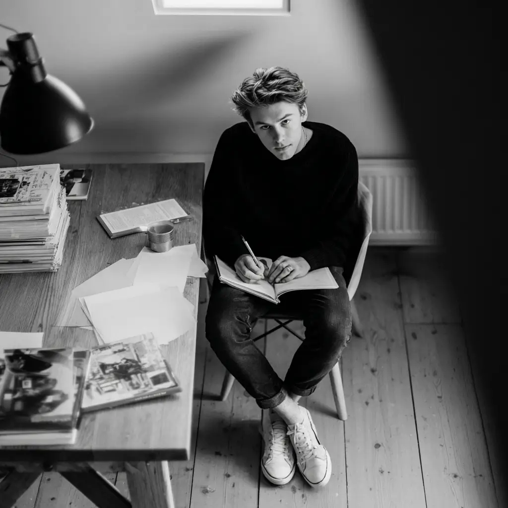 A young man working at a desk looks up to the camera