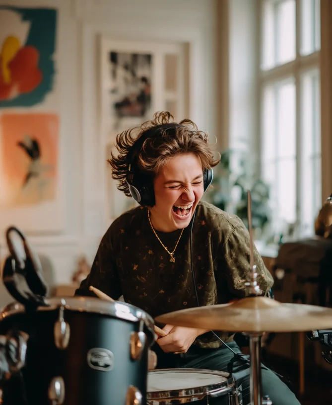 Happy and energetic teenager playing the drums at home