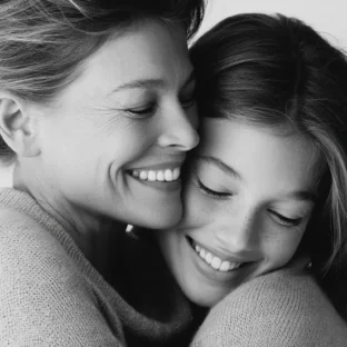 Candid portrait black and white photograph of mother and teenage daughter