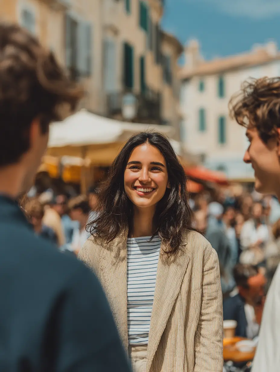 Editorial style photograph of a brunette teenager interacting with other students in Italian setting