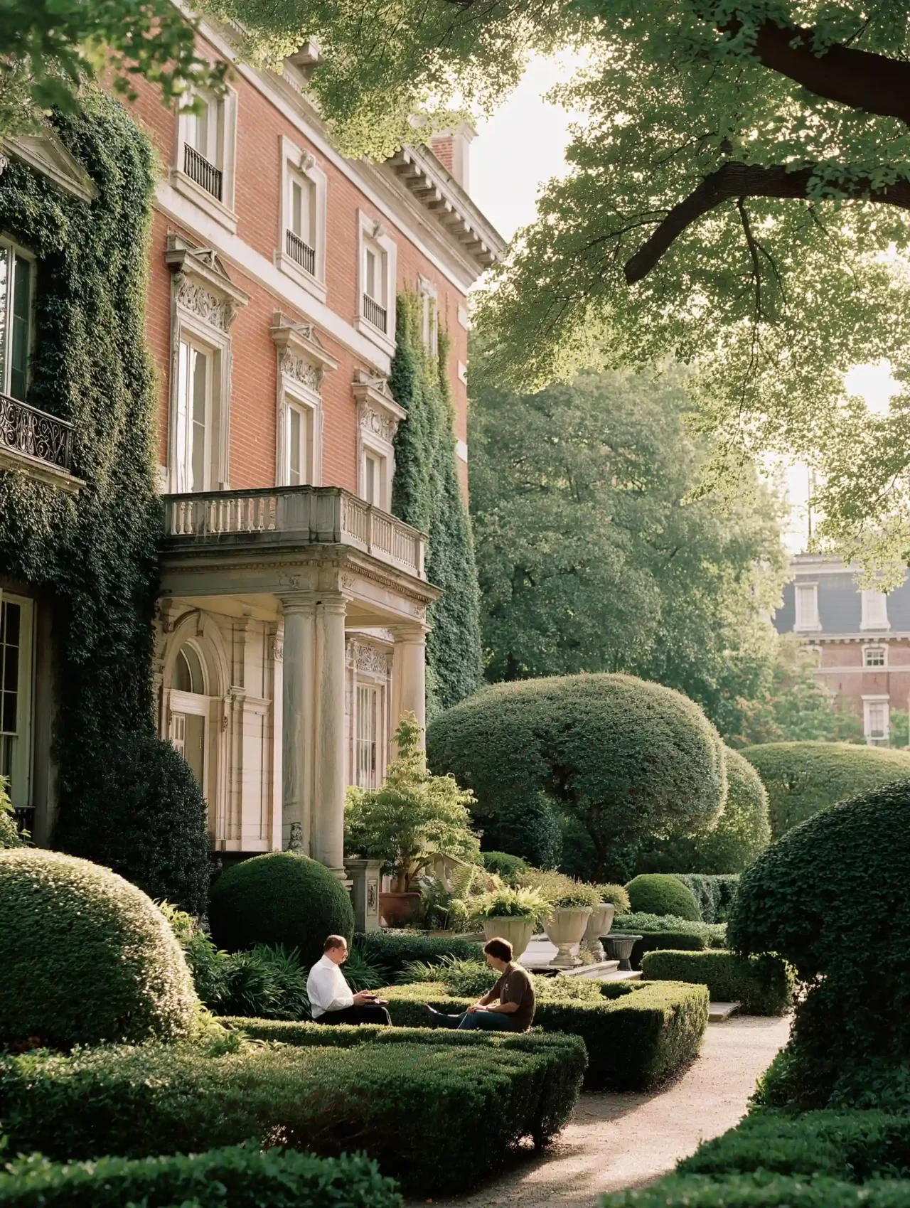 Tutor and student sit outside of a luxurious house