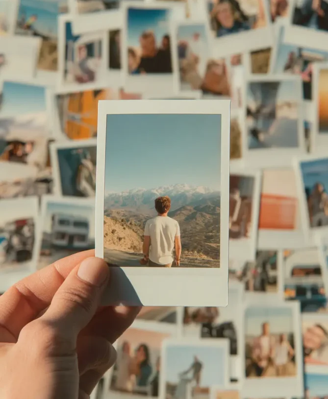 vast collage of polaroid photos showing happy young tutors doing various activities like hiking