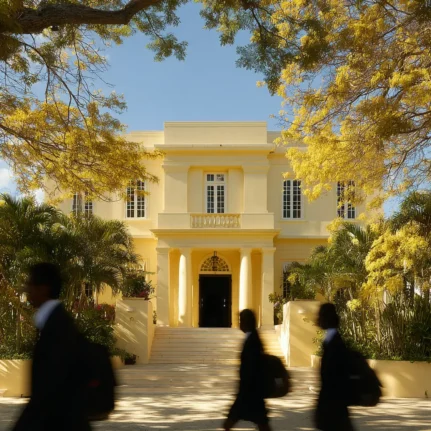 School kids walking past a colonial style building in international school
