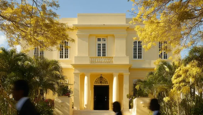 School kids walking past a colonial style building in international school