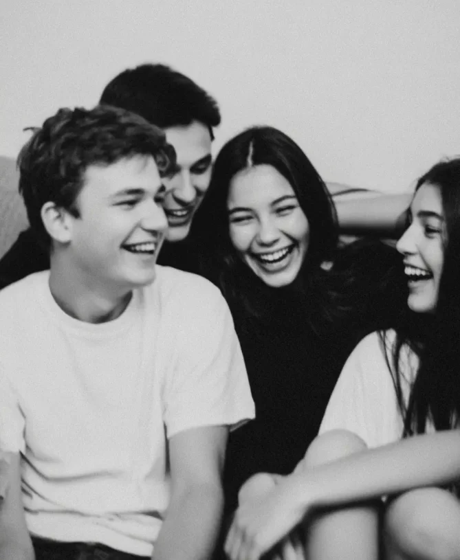 Group of teens sat on a sofa laughing and having a great time