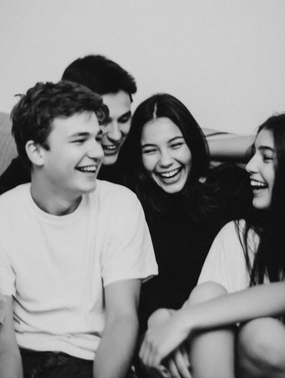 Group of teens sat on a sofa laughing and having a great time
