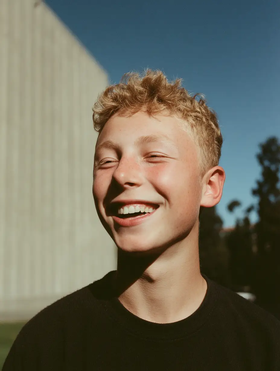 Happy teenage boy smiling with eyes slightly closed