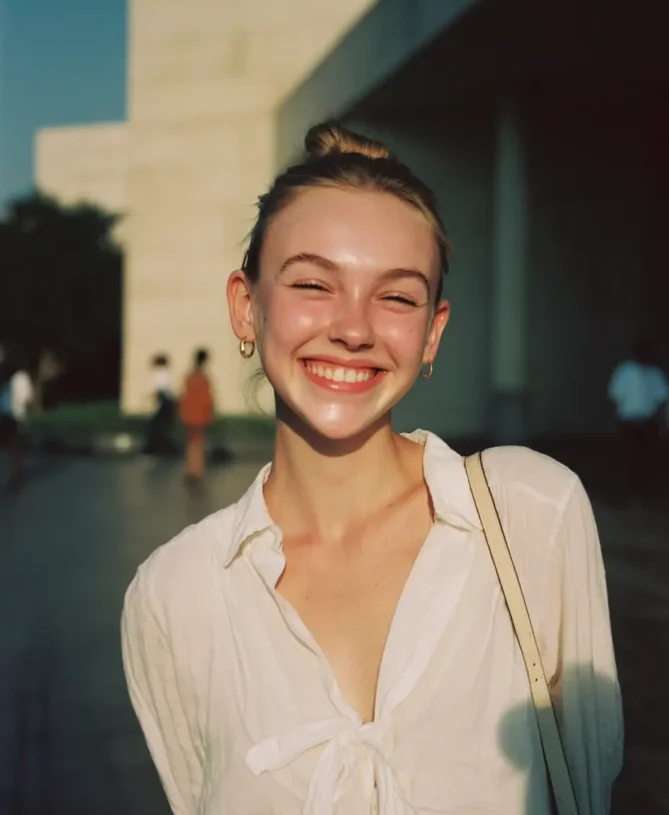 Happy 16 year old teenager outside a school building