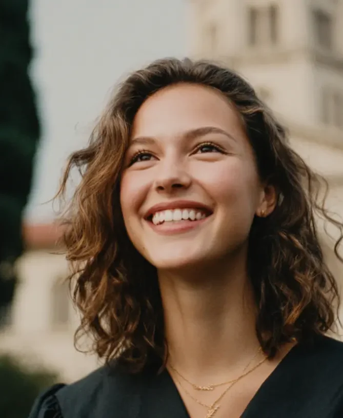 Candid moment of a university graduate outside building