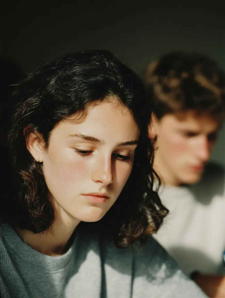 Candid moment of a teenage girl in quiet reflection as she looks over a textbook