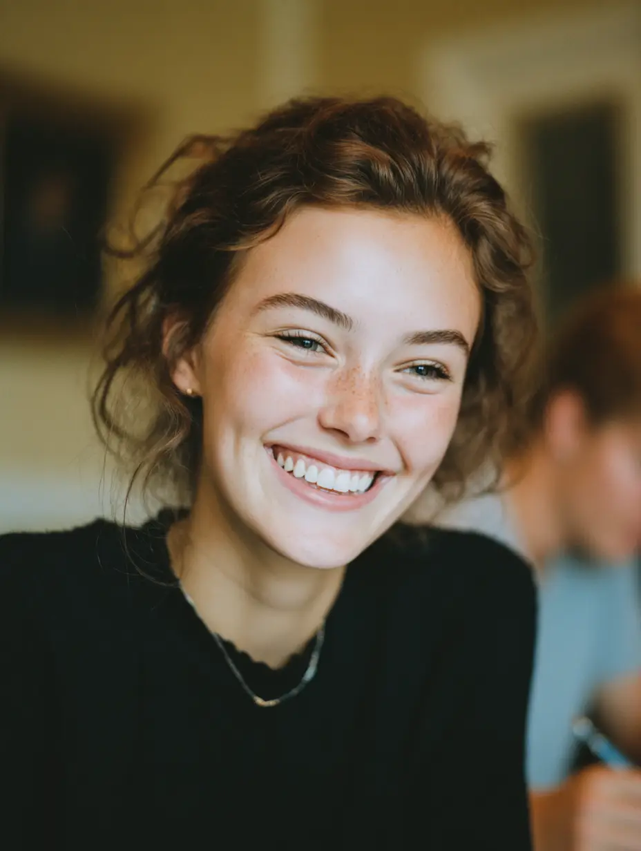 Candid moment of happy teenager studying