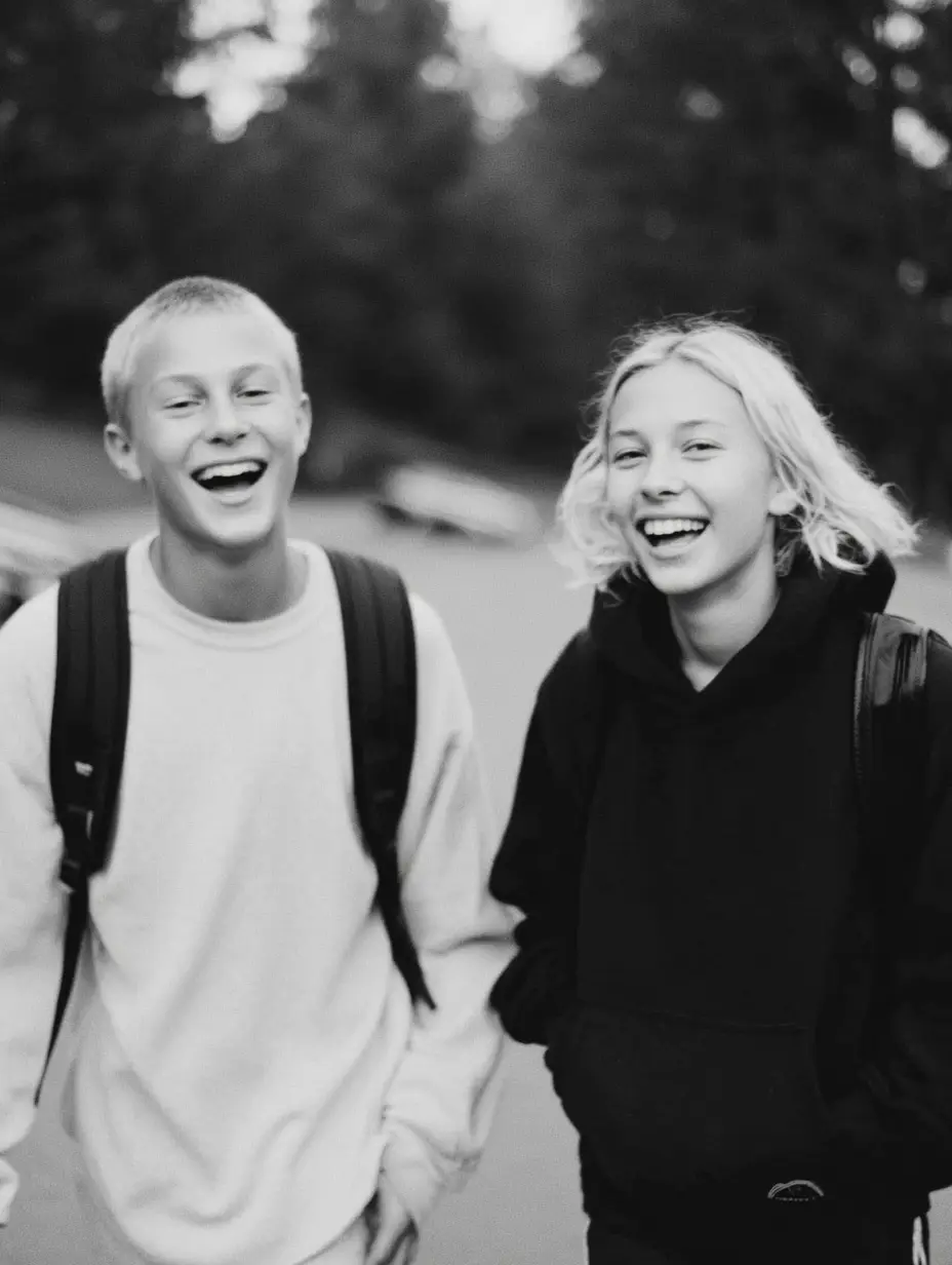 Two sixteen year olds laugh and smile as they walk outside