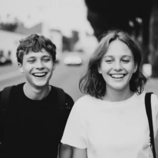 Two teenage children, one with a rucksack, walking outside together and smiling