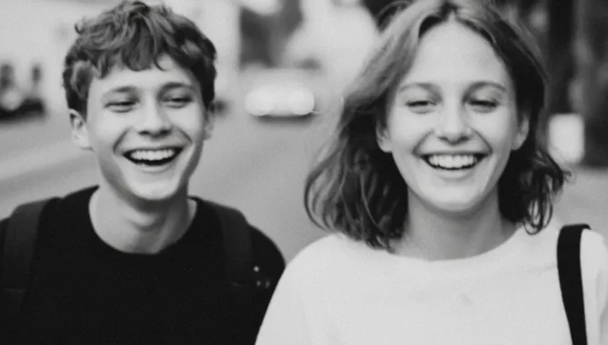 Two teenage children, one with a rucksack, walking outside together and smiling