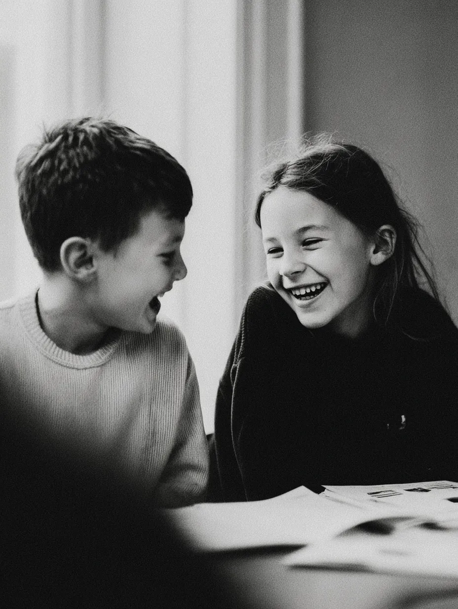 Candid moment of two young children laughing and having a good time together