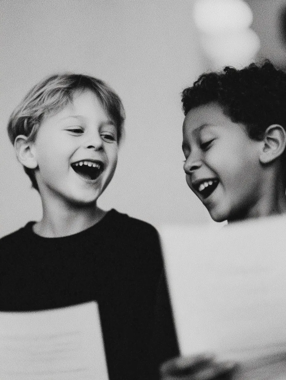 Candid moment of two young children laughing together as they hold paper document