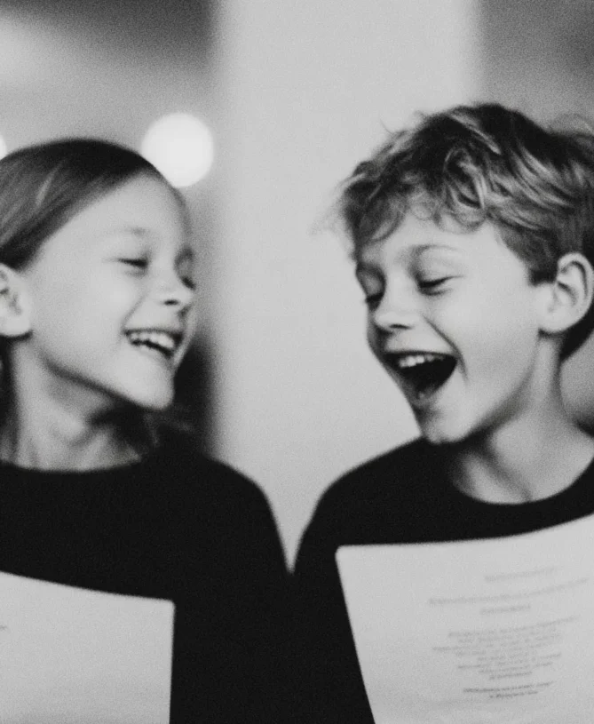 Two young children laughing whilst holding onto papers