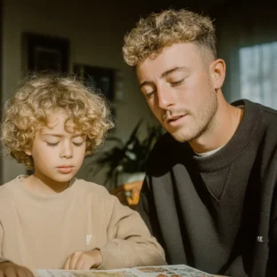Young adult teaching a six to seven year old at home