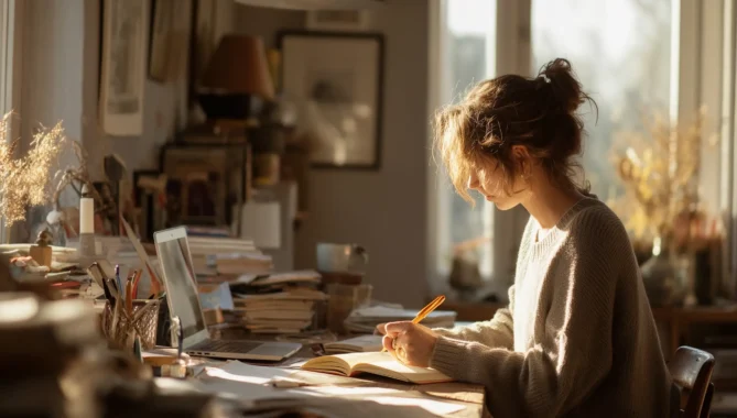 Teenage student sitting at a wooden desk in a sunlit home