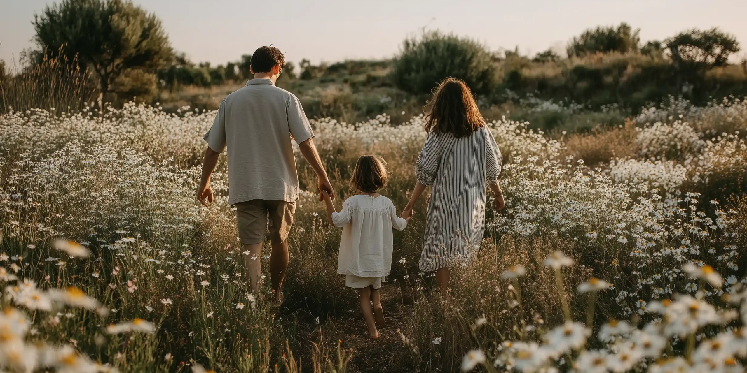 Family with a young girl walking through a field with daisies in the UK and holding hands