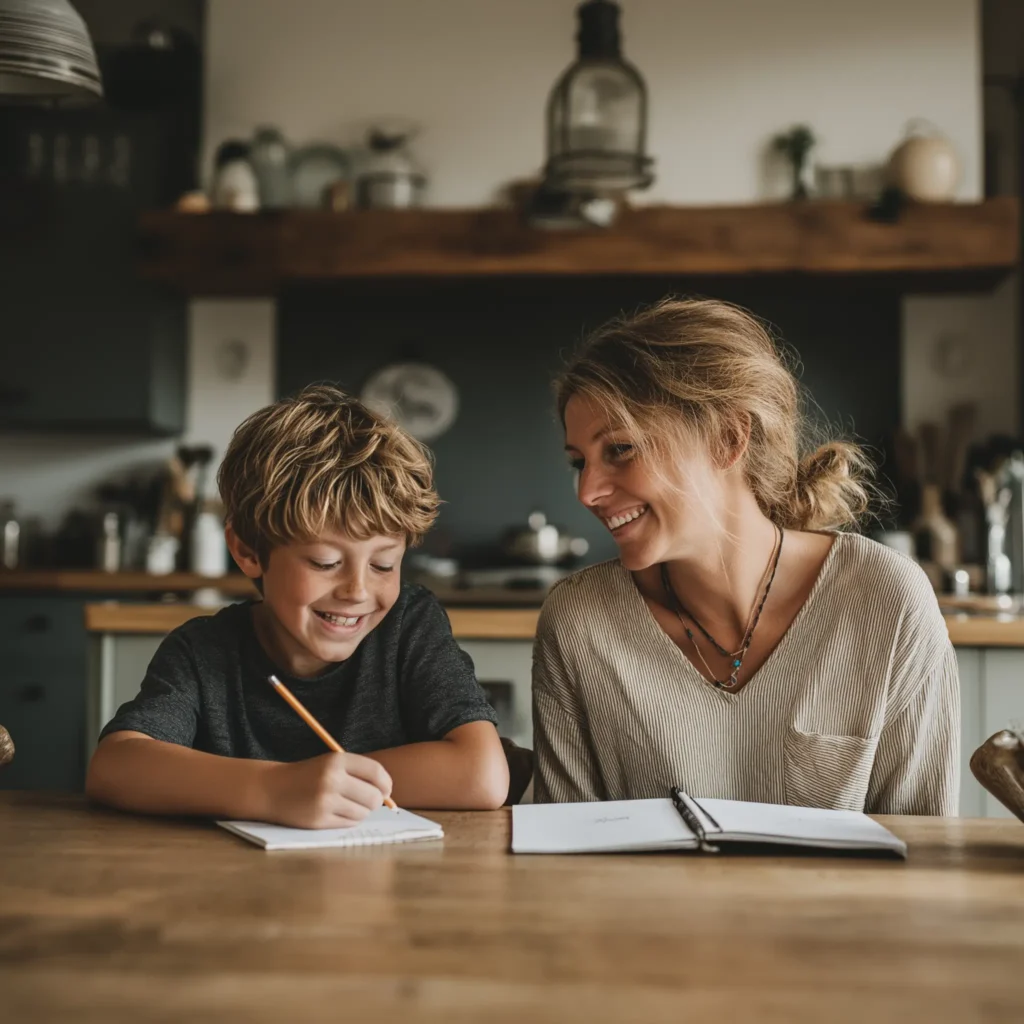 Thirty five year old woman sitting next to a 7 year old at dining table whilst studying