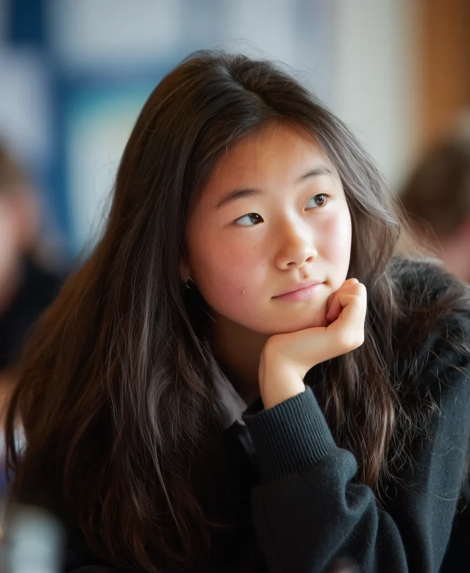 Asian teenage girl sat at desk