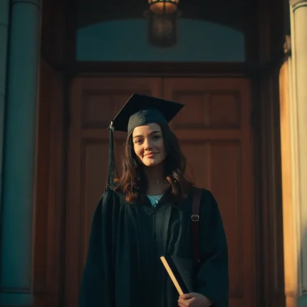 Young woman in black university gown and graduate hat outside a building