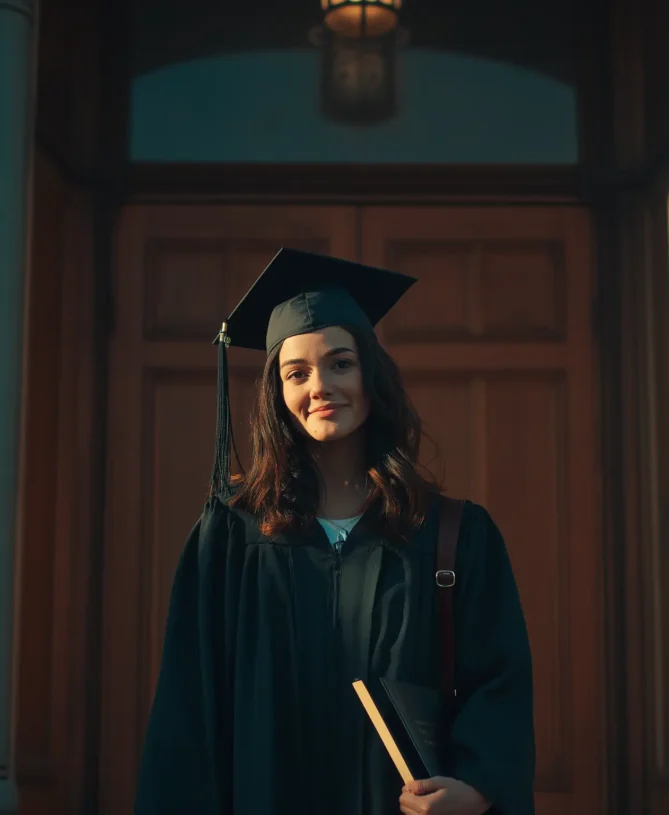 Young woman in black university gown and graduate hat outside a building