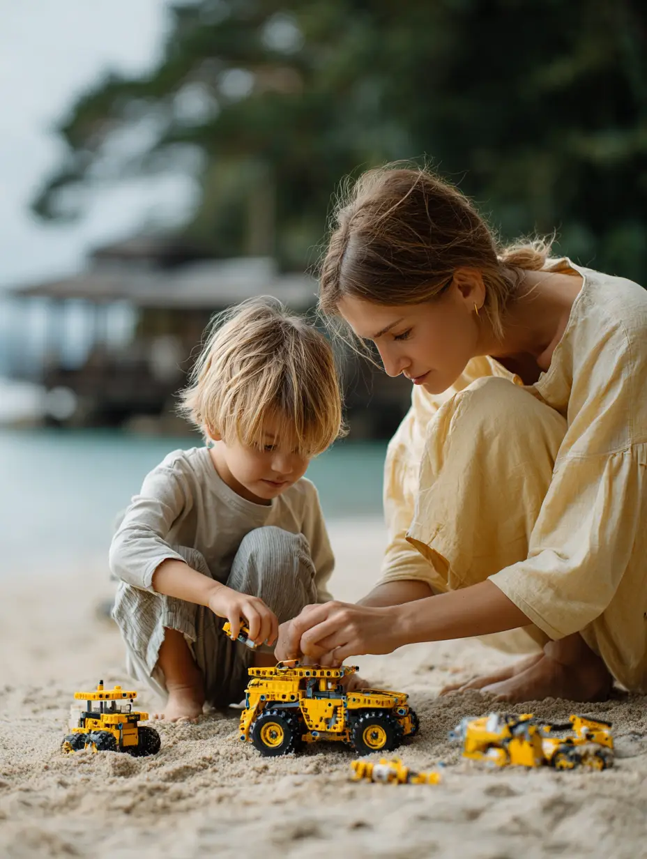 Child on the beach with a tutor playing with a lego truck