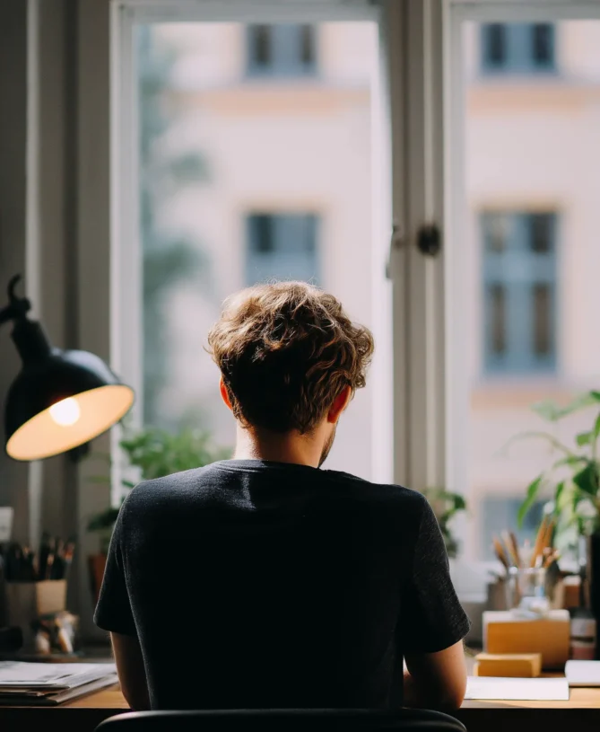 Teenage boy working at desk, photo taken from behind