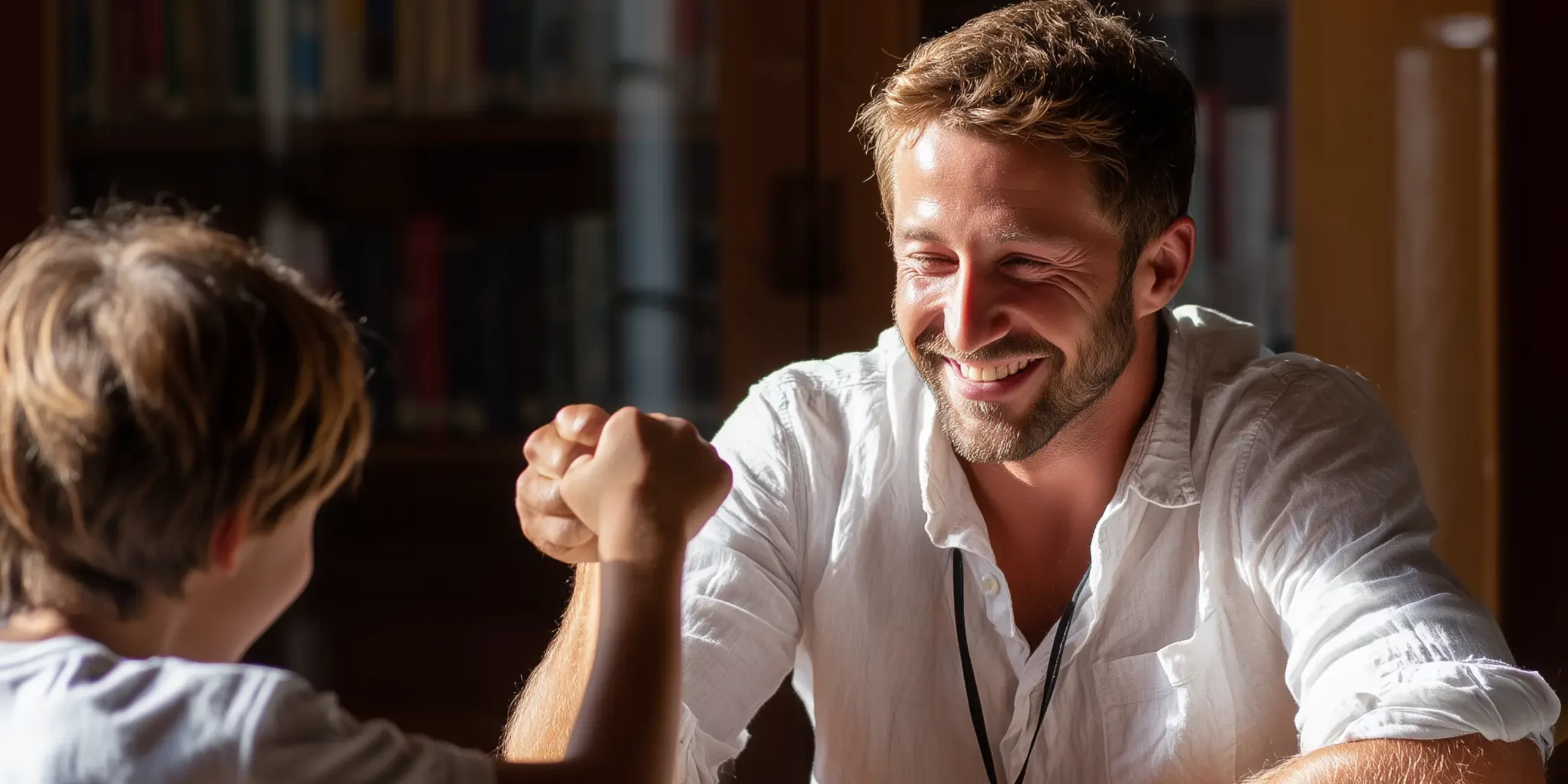 A smiling male tutor gives fist bump to student