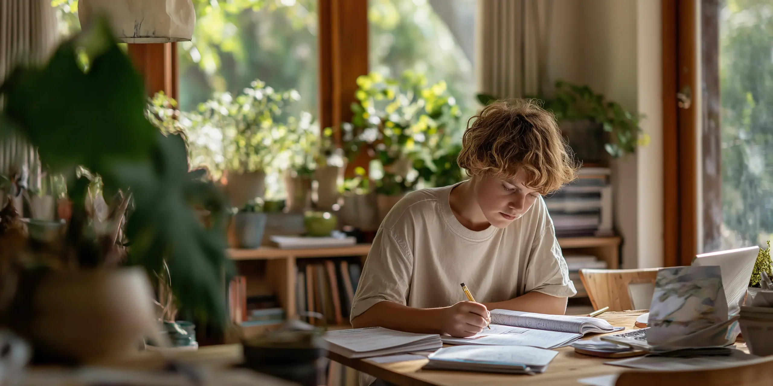 A homeschooling student in a warm inviting living room, with plants and green in windows behind him